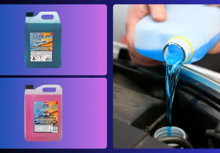 Se puede mezclar anticongelante con agua. Líquido azul se vierte en el motor de un coche. Hay dos bidones de anticongelante de diferentes colores.