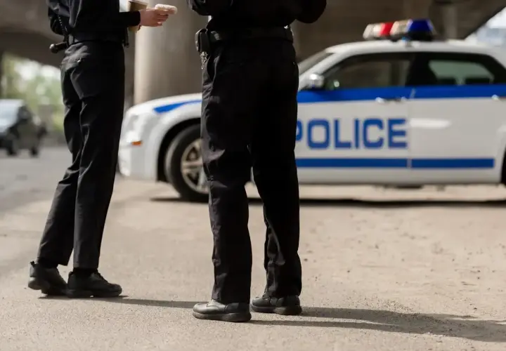 Policjanci w pełnym umundurowaniu stoją obok radiowozu. Ich wyposażenie jest gotowe do akcji.