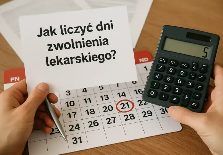 Ręce trzymają kartkę z napisem "Jak liczyć dni zwolnienia lekarskiego?", obok kalendarza z zaznaczonym 21 dniem i kalkulatora.