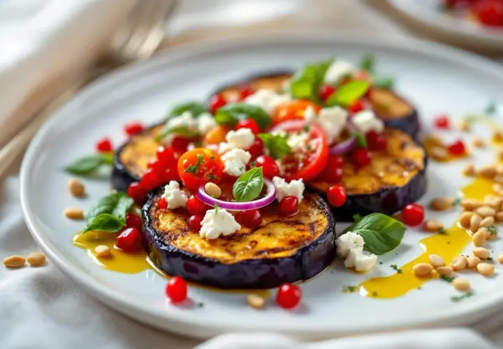 Délicieuse idée : que faire avec 1 aubergine ? Des rondelles grillées garnies de tomates, feta, grenade et basilic. Un plat coloré et savoureux.