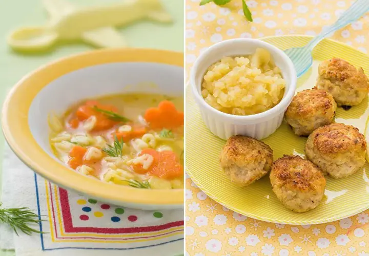 Delicioso desayuno para bebé de 1 año: sopa de letras y zanahoria, y albóndigas con puré de manzana.