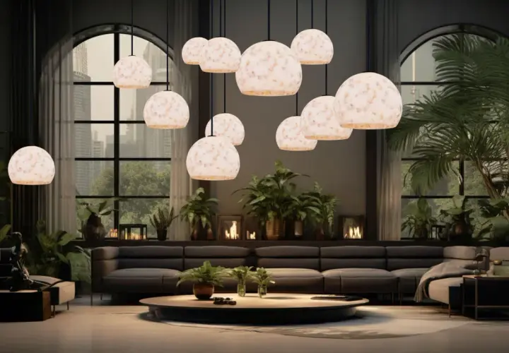 A luxurious biophilic interior with lush plants, a large sectional sofa, and a cluster of unique pendant lights.