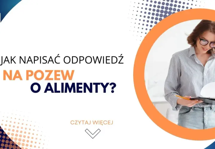 Kobieta w okularach czyta dokumenty na tle grafiki z tekstem "Jak napisać odpowiedź na pozew o alimenty?".