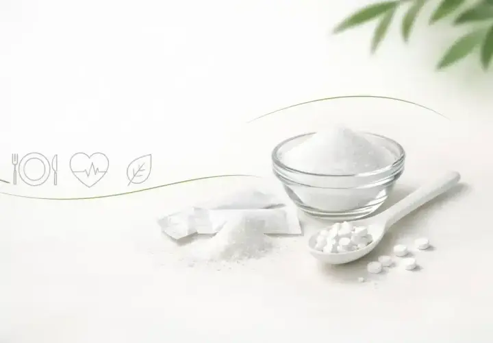 Maltitole co to jest? Biały proszek i tabletki na łyżce, symbolizujące zdrowe odżywianie i naturalne składniki.