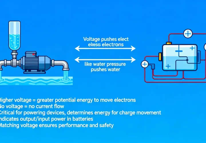 Bomba de agua y batería ilustran cómo los vatios y amperios (voltaje y corriente) mueven electrones, similar a cómo la presión del agua mueve el agua.