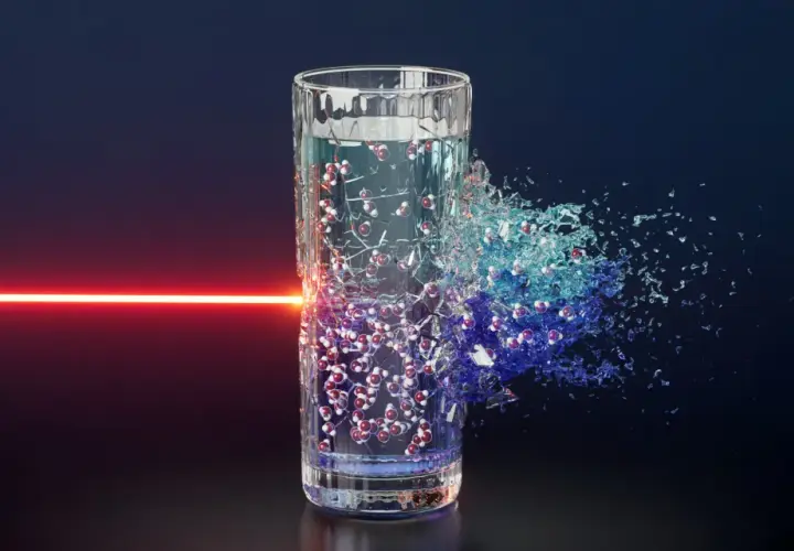 Ein Wasserglas, das von einem roten Laserstrahl getroffen wird und sich in Wassermoleküle auflöst. Die Chemie des Wassers wird sichtbar.