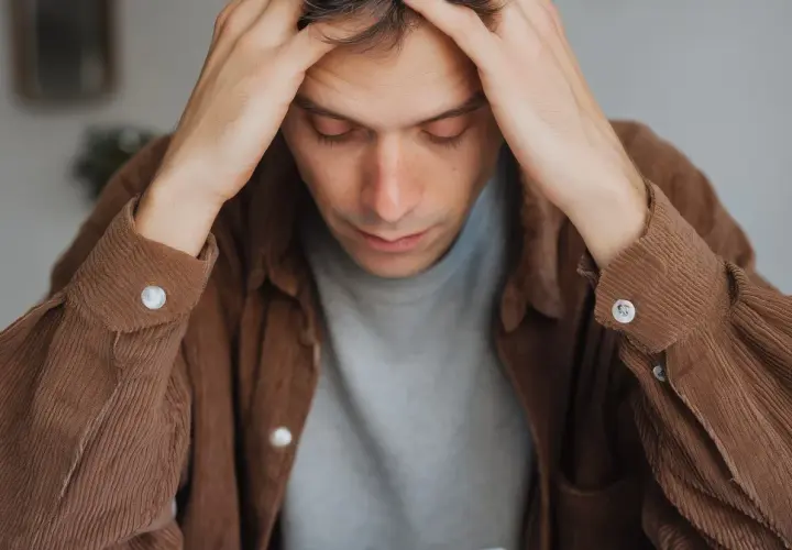 Zmartwiony mężczyzna z rękami na głowie, zastanawiający się, po ilu latach przedawnia się dług u komornika.