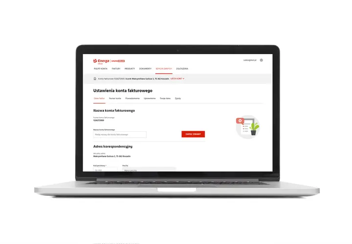 Ustawienia konta fakturowego w systemie energa login. Możliwość edycji nazwy konta i adresu korespondencyjnego.