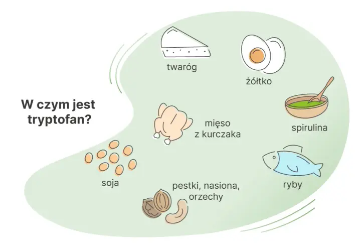Produkty bogate w tryptofan: twaróg, żółtko, mięso z kurczaka, spirulina, soja, pestki, nasiona, orzechy i ryby.