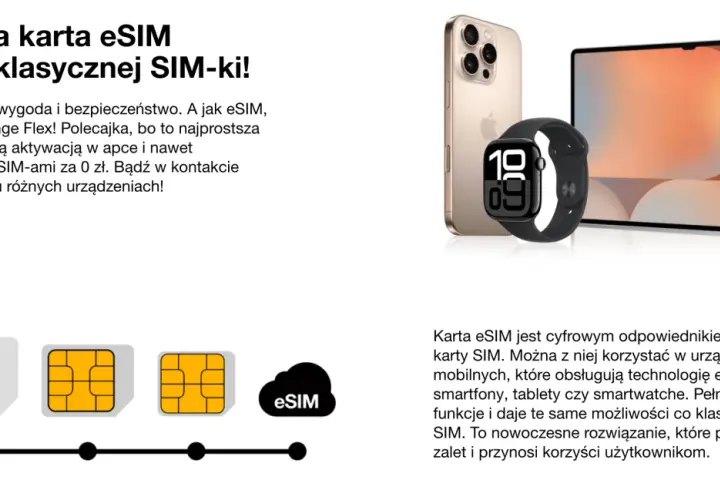 Cyfrowa karta eSIM od Orange Flex to wygoda i bezpieczeństwo. Używaj jej na smartfonie, zegarku i tablecie.
