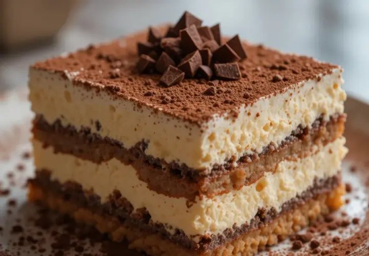 Pyszny kawałek tiramisu, idealny na deser. Ten przepis na tiramisu jest prosty i szybki.