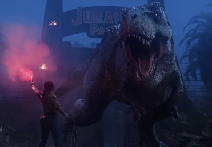 Kobieta z flarą próbuje przechytrzyć T-Rexa przed bramą Jurassic Park. To prawdziwy jurassic park survival!