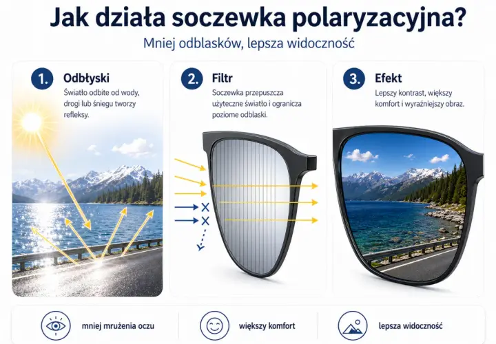 Okulary z polaryzacją redukują odblaski od wody i drogi, zapewniając lepszą widoczność i komfort.