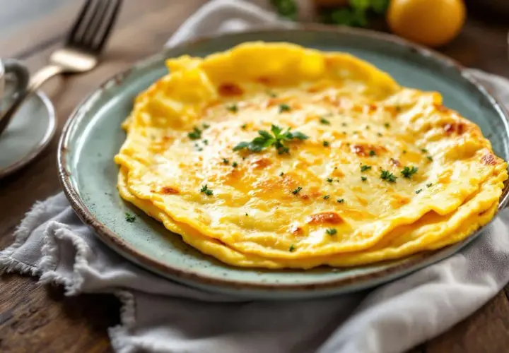 Une belle omelette dorée, garnie de persil frais, servie sur une assiette bleue.
