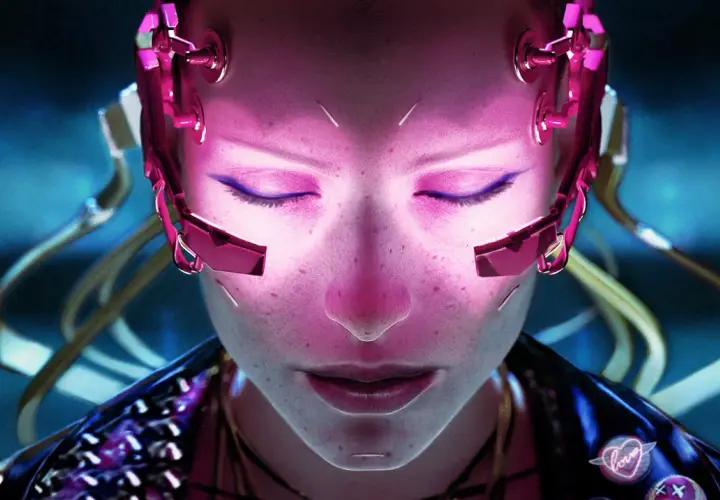 Kobieta z cybernetycznymi implantami na głowie, świecąca na różowo. Jej oczy są zamknięte, a na policzkach widać piegi. Wygląda jakby miała bilet wstępu do świata cyberpunk.