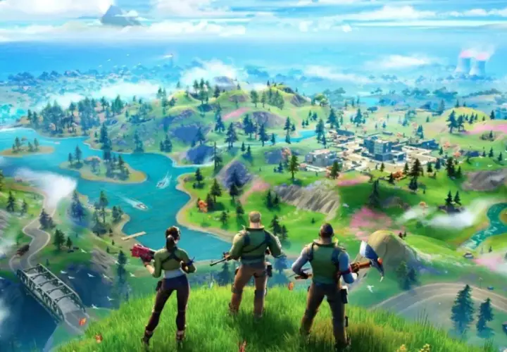 Trzech graczy Fortnite od ilu lat, obserwuje z góry kolorową wyspę z rzekami i miastem.