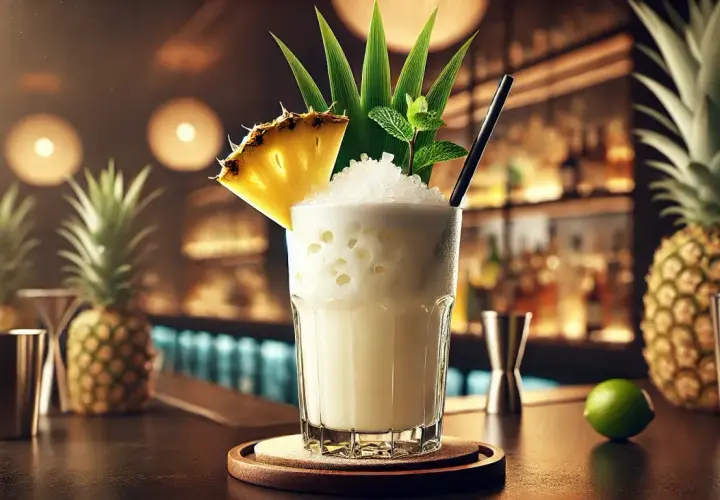 Orzeźwiający drink coco loco z ananasem i miętą, podany w szklance z lodem, na tle barze z ananasami.
