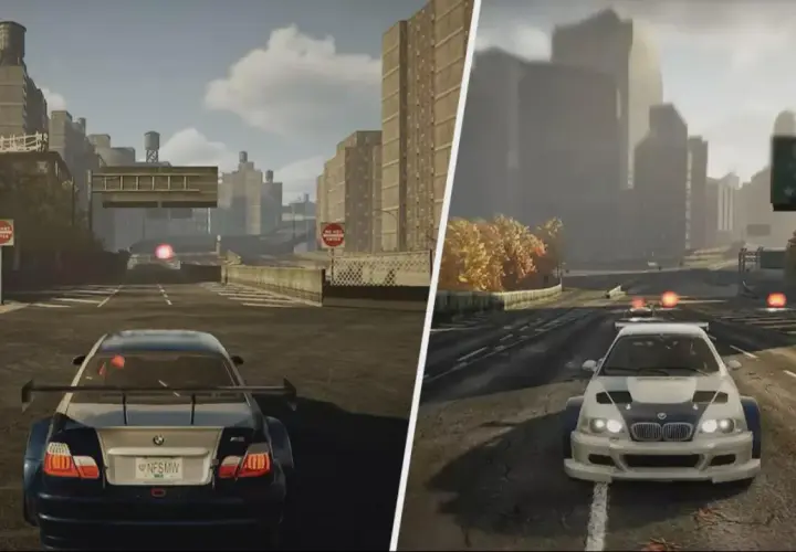 Dwa ujęcia z gry NFS Most Wanted Remake: z lewej BMW M3 z tyłu, z prawej z przodu. Miasto, drogi, pościg.