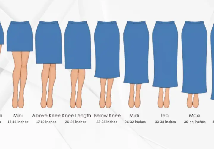 Illustration showing various skirt hem types, from micro mini to full length, with corresponding measurements.