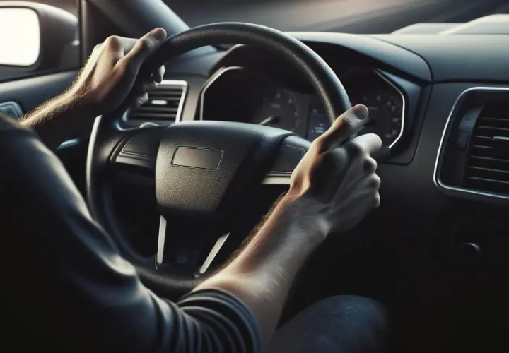 Mani sul volante, il conducente si chiede quanto tempo ho per fare la revisione prima di partire per il lungo viaggio.