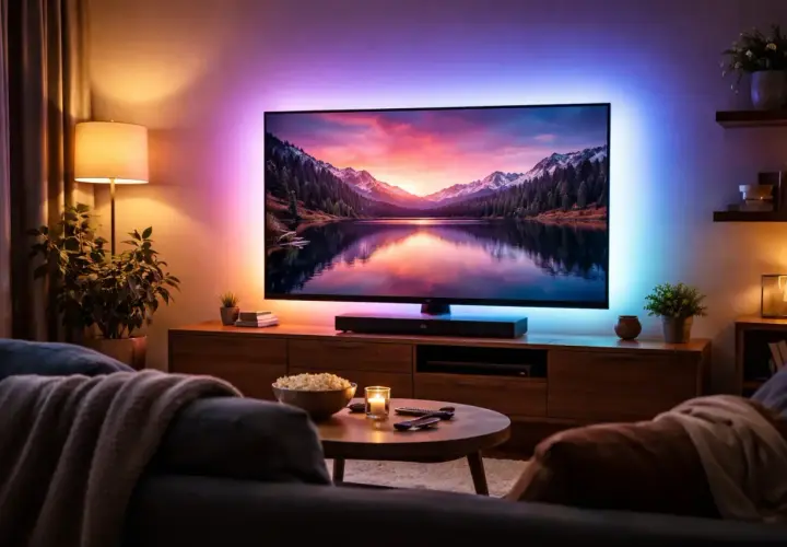 Relaks w salonie przy kinowym obrazie. Telewizor podświetlany z tyłu tworzy nastrojową atmosferę, a na stoliku czeka popcorn i świeca.