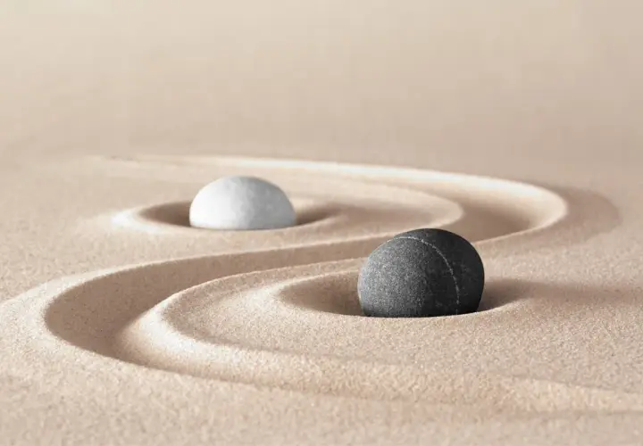 Due pietre, una bianca e una grigia, su sabbia rastrellata, evocano le yin e yang caratteristiche di equilibrio e dualità.