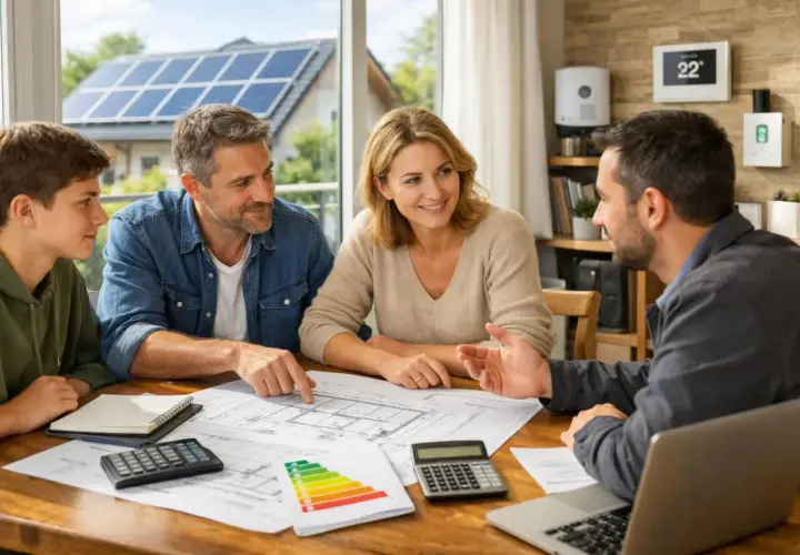Une famille discute d'un projet de rénovation avec un conseiller. Ils examinent des plans et des calculs, visant un **prêt vert** pour des travaux écologiques.