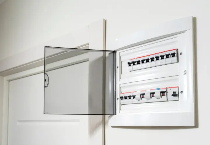 Otwarta biała skrzynka z bezpiecznikami elektrycznymi na ścianie.