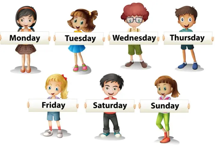 Bambini sorridenti mostrano cartelli con i giorni della settimana in inglese: Monday, Tuesday, Wednesday, Thursday, Friday, Saturday, Sunday.