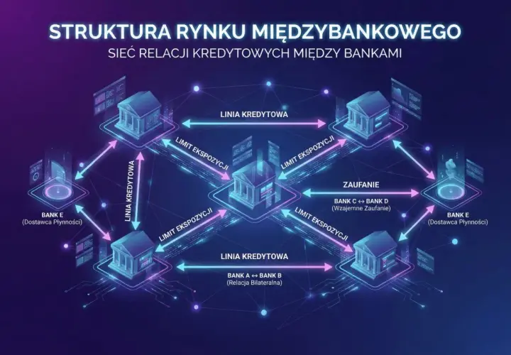Schemat struktury rynku międzybankowego, pokazujący relacje kredytowe, limity ekspozycji i zaufanie między bankami.