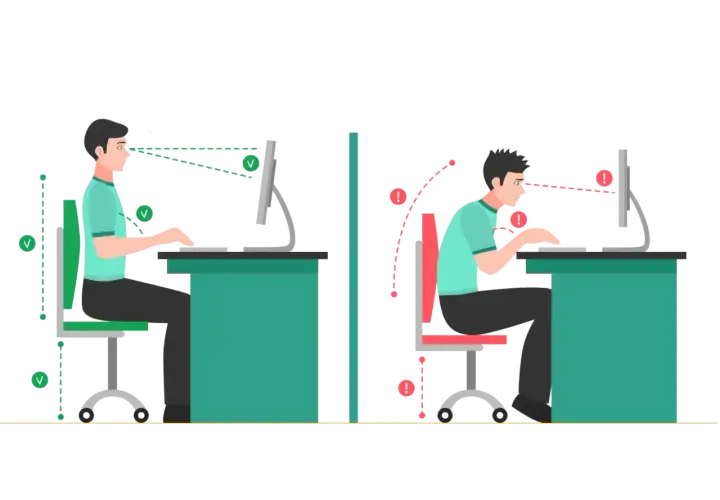 Ilustracja porównująca prawidłową i nieprawidłową postawę przy biurku, z zaznaczonymi elementami ergonomii.
