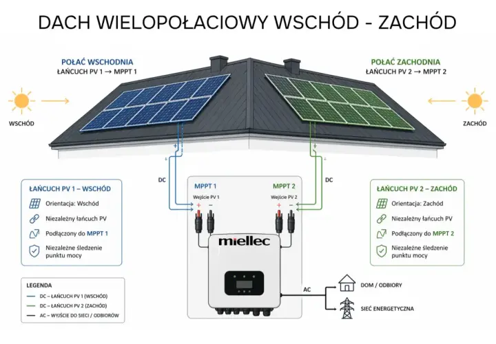 Schemat pokazuje, co to jest inwerter: urządzenie Miellec z dwoma MPPT, które przetwarza prąd stały z paneli PV na prąd zmienny dla domu i sieci.