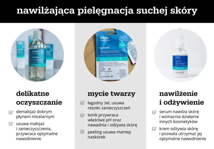Pielęgnacja suchej skóry: płyn micelarny, maska nawilżająca i serum. Pomaga zwalczyć suchą skórę na twarzy.