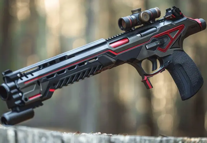 Fusil semi-automatique de marque turque, au design futuriste avec des accents rouges et une lunette de visée.