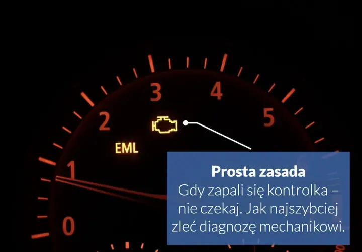 Pomarańczowa ikona silnika na desce rozdzielczej. Kontrolka EML świeci, sugerując problem. Nie czekaj, gdy zapali się ta ikona silnika, zleć diagnozę mechanikowi.
