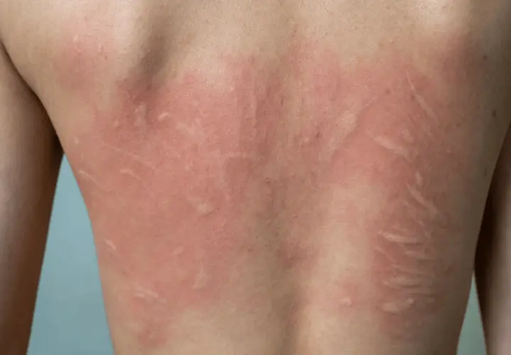 Schiena di un bambino con eritema e pomfi, segni tipici di orticaria. Come riconoscerla nei più piccoli.