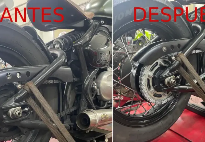 Comparativa de cómo limpiar la cadena de la moto. Antes, sucia y desgastada; después, reluciente y lista para rodar.