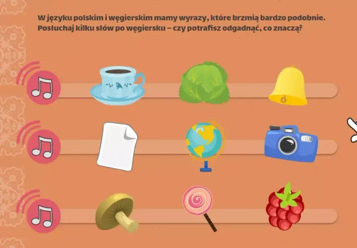 Polska i Węgry mają podobne słowa. Gra z ikonami: filiżanka, kapusta, dzwonek, papier, globus, aparat, grzyb, lizak, malina.