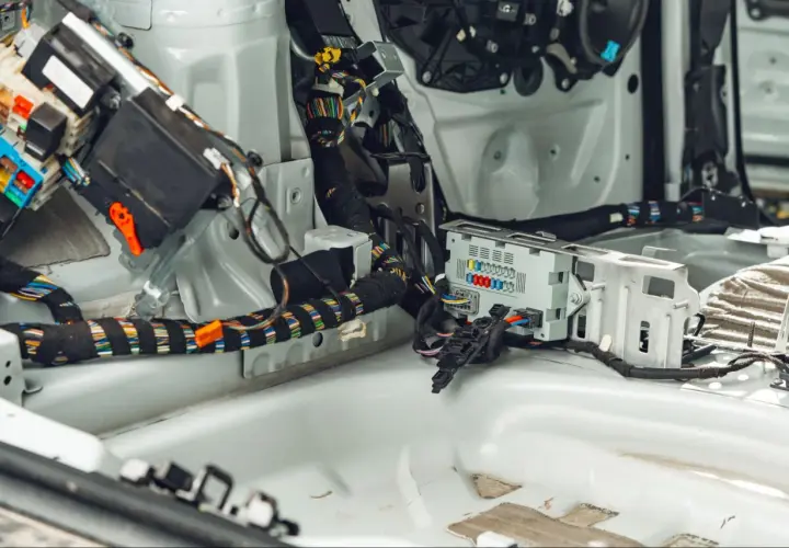 Innenraum eines Ford mit freiliegender Verkabelung und Sicherungskasten. Der p0700 Ford-Fehlercode deutet auf ein Problem mit dem Getriebesteuermodul hin.