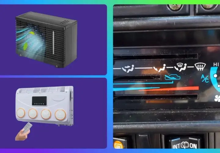 Un climatizador evaporativo que es: dos unidades de aire acondicionado, una negra y otra blanca, junto a un panel de control de clima de coche.