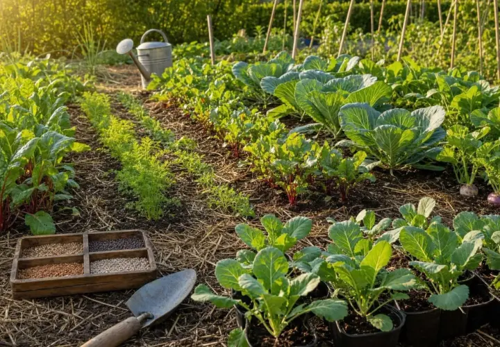 Un potager florissant en juillet, idéal pour savoir que planter. On y voit des semis de carottes, des betteraves, des choux et des navets.