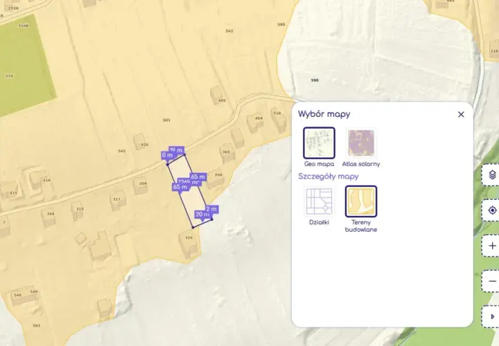Mapa działki z wymiarami i powierzchnią. Okno "Wybór mapy" pozwala sprawdzić przeznaczenie działki online, wybierając "Geo mapa" lub "Tereny budowlane".