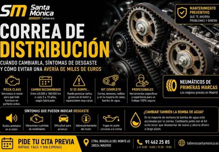 Primer plano de una correa de distribución gastada en un motor. El texto promociona el cambio de la correa para evitar averías costosas.