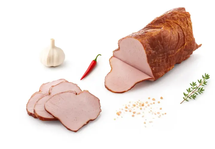 Pokrojona polędwica sopocka, czosnek, papryczka chili i gałązka ziół na białym tle.