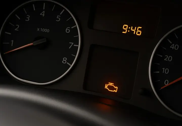 Cruscotto con spia motore accesa ma nessun problema. L'ora è 9:46.