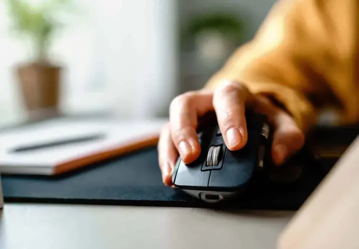 Eine Hand bedient eine Computermaus, die **Maus klickt doppelt**. Im Hintergrund ist eine Pflanze zu sehen.