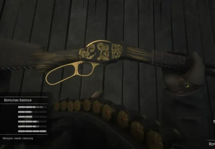Elegancki powtarzalny strzelba z ozdobnymi złotymi zdobieniami, jedna z najlepszych broni w Red Dead Redemption 2.