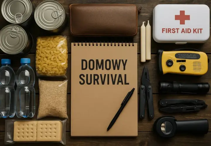 Zestaw do domowego survivalu: konserwy, makaron, ryż, woda, ciastka, apteczka, radio, latarka, narzędzia i świece.