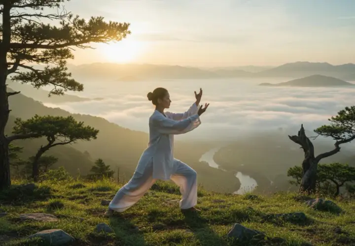 Kobieta ćwiczy qigong co to jest, na tle mglistej doliny i gór o wschodzie słońca.