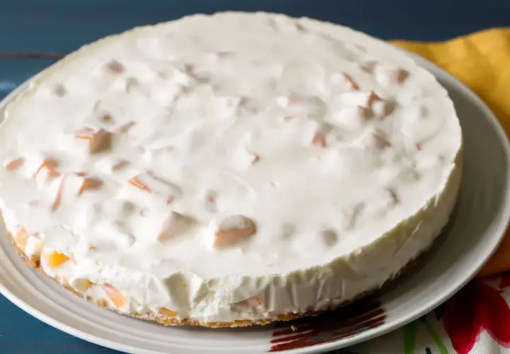 Torta fredda con una soffice crema al melone e pezzetti di frutta arancione.
